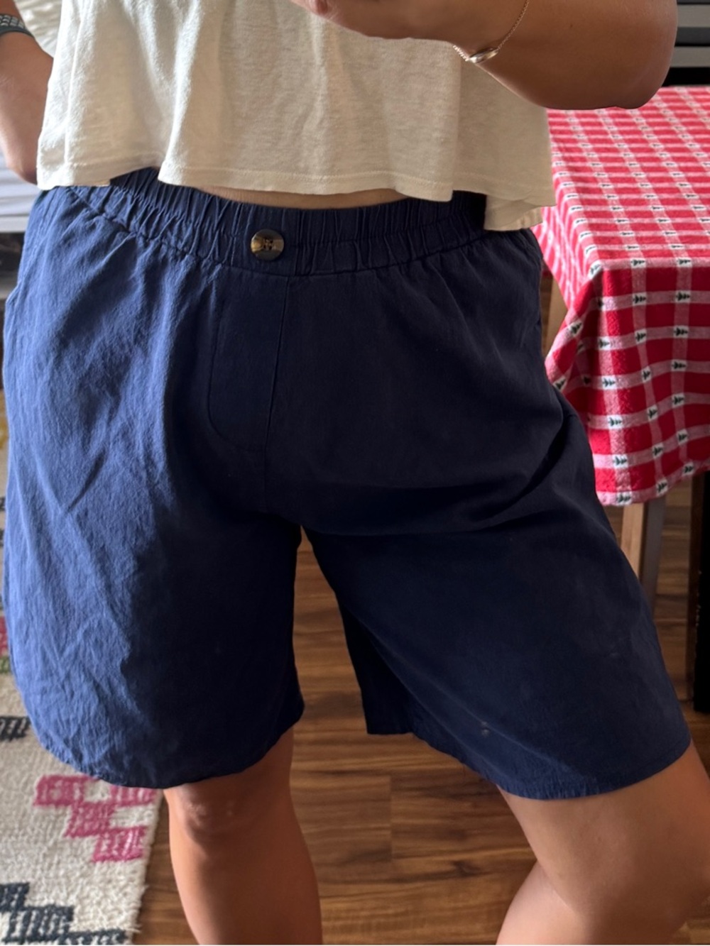 Women's Cotton Blend Navy Elastic-Waist Pull On Bermuda Shorts Size L Culottes - Picture 4 of 8